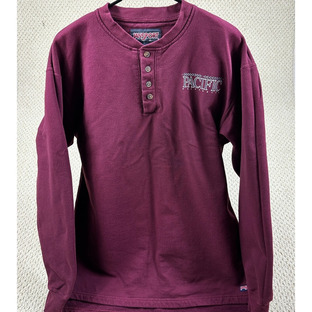Vtg Jansport Henley Shirt Mens XL Maroon Pacific University Sweatshirt Logo 90s
